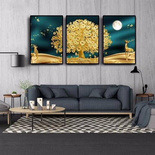 Golden Art Deer Money Tree Wall Picture Islamic Canvas Painting Abstract Moon Poster And Print PictureFor Living Room Decoration