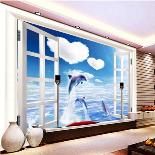 Photo wallpaper 3D window landscape sea dolphin TV wall mural wallpaper custom living room bedroom studio lobby mural