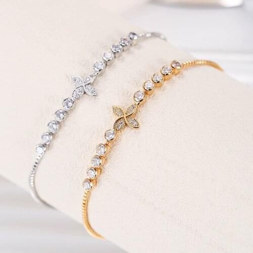 Korean style four leaf flower bracelet with AAA zircon inlaid copper Adjustable Bracelet
