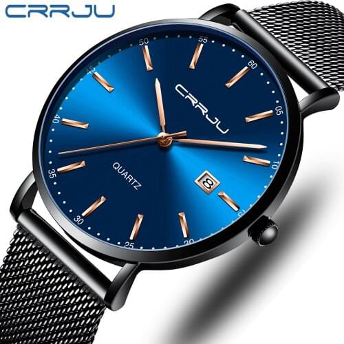CRRJU Mesh Steel Mens Watches Fashion Top Brand Luxury Sport Ultra-Thin Quartz Watch Men Casual Date Waterproof Watch Male