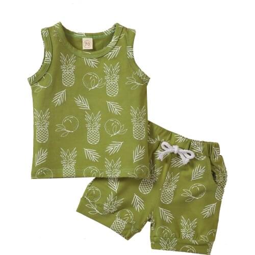 Two Pieces Childrens Casual Vest and Shorts Suit Fresh Pineapple Printed Sleeveless Tops and Short Pants