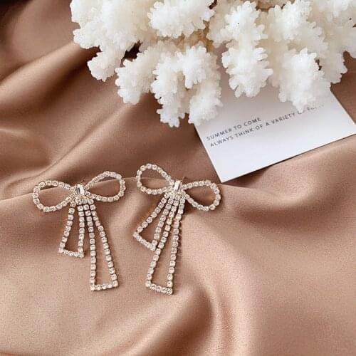 Korean Tassels Big Bow Luxury Earrings Women Temperament Shinny Rhinestone Statement Bow Knot Clip Earrings Without Piercing