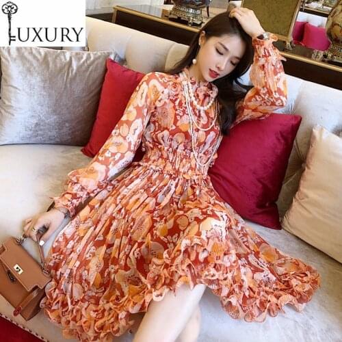 2020 Autumn Party Beautiful Club Woman Ruffled Collar Charming Floral Print Long Sleeve Slim Fitted A-Line Sweet Dress XL