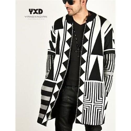 Men Clothes K-pop Streetwear Windbreaker Knitted Long Cardigan Man Hip Hop Mens Sweaters Spliced Mans Sweater Mens Clothing Coat