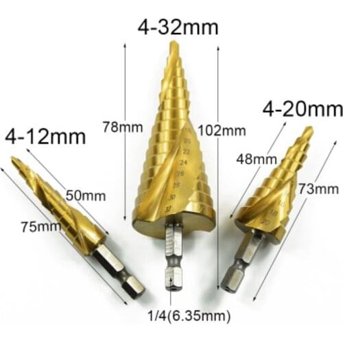 3pcs set CNC HSS Spiral groove step drill bit set 4-32,4-20,4-12mm High speed steel hex shank reaming drill Reamer