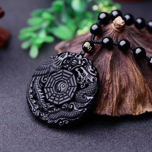 Natural Black Obsidian Dragon Phoenix Pendant Beads Necklace Fashion Charm Jewellery Hand-Carved Amulet Gifts for Her Women Men