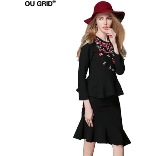 Women Office Work Skirt Blazers Sets Autumn Lady Black Embroidery Suits Blouse Tops+Ruffles Hem 2 Piece skirt Set Plus Size