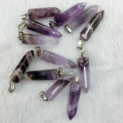 Wholesale 24pcs/lot Bullet Shape Natural Amethysts Stone Healing Hexagonal Treat Reiki Point Pendant for Jewelry Free Shipping