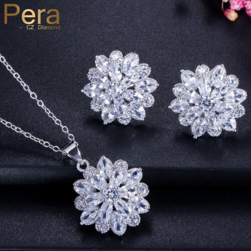 Pera Romantic Big Flower Dropping Shape Cubic Zirconia Stone Long Earrings And Necklace Pendant Jewelry Sets For Women J051