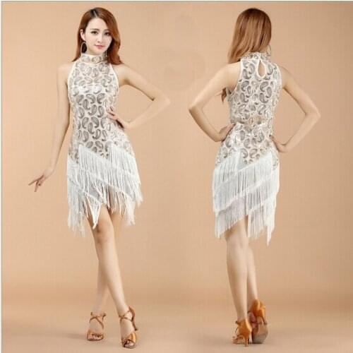 Fringe Sequin Salsa Latin Ballroom Dance Dress Adult Dancer Skirt Standard Prom Outfit Red White Blue Black Purple