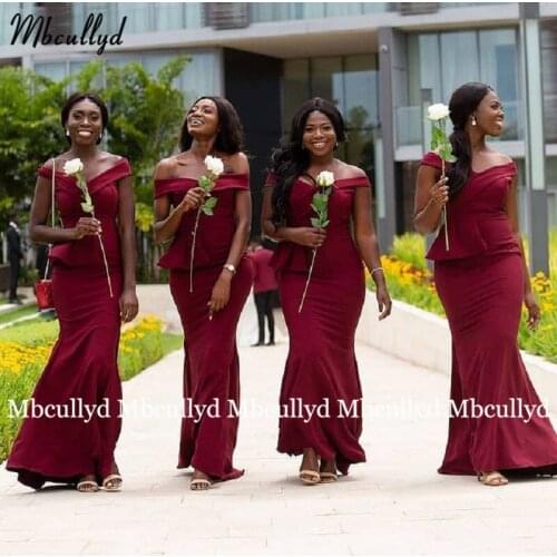 Simple Bridesmaid Dresses Off Shoulder V Neck Burgundy Spandex Satin Mermaid Wedding Party Evening Gowns 2021