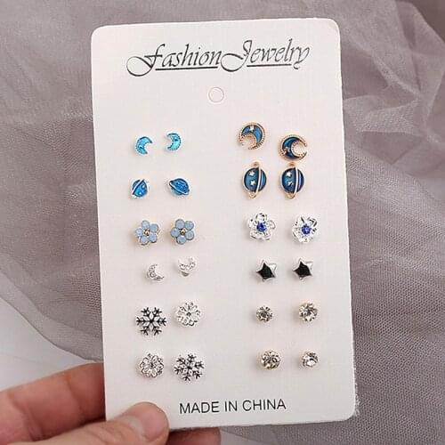 12 Pairs/set, 2020 New Statement Earrings for Women Fashion Moon Universe Silver Color Stars Stud Earring Crystal Earrings