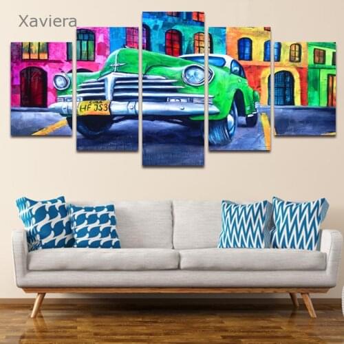 Modern Abstract Canvas Painting Colorful Street Architecture and Trolley Home Decor Art Poster Five-Piece Set Mural Frameless