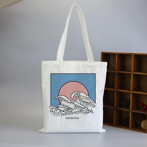 Canvas shopping Bag For Women Wave Print Large Capacity ladies Shoulder handbag Reusable Eco Canvas travel Tote bag for Ladies