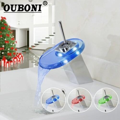 OUBONI Bathroom Led Faucet Waterfall Glass Waterfall Brass Basin Faucet Bathroom Mixer Tap Deck Mounted basin sink Mixer Tap