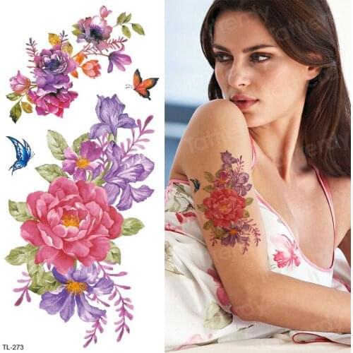 Waterproof temporary tattoos for women sexy purple flower tattoo peony arm hand rose tattoo girls water transfer stickers bikini