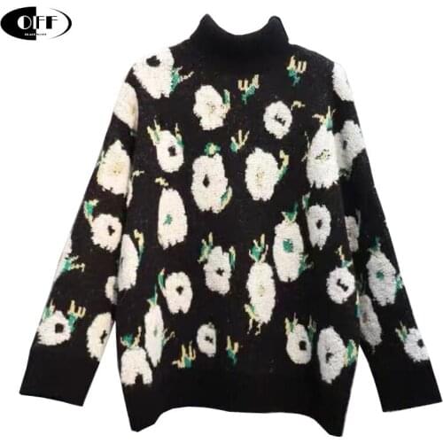 Floral Pattern Knitting Sweater Casual Loose Turtleneck Long Sleeve Women Pullovers Chic Japanese Style Sweaters Tops Clothes