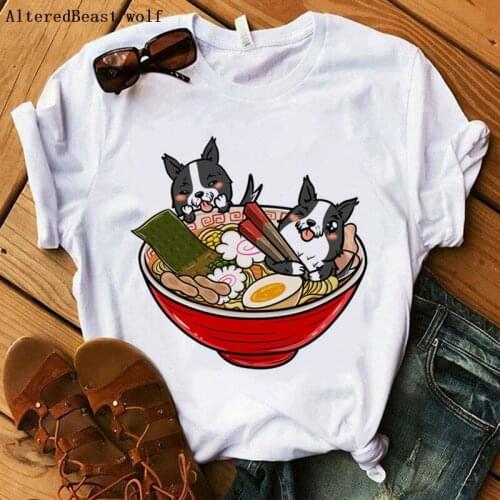 Border Collie ramen kawaii T-Shirt female Border Collie print Tops shirt Women vogue style cute funny short sleeve white clothes
