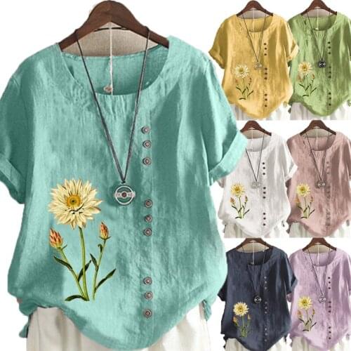 Womens Summer Flower Printed Short Sleeve Round Neck T-Shirt Ladies Casual Linen Shirt Plus Size Top S-5XL