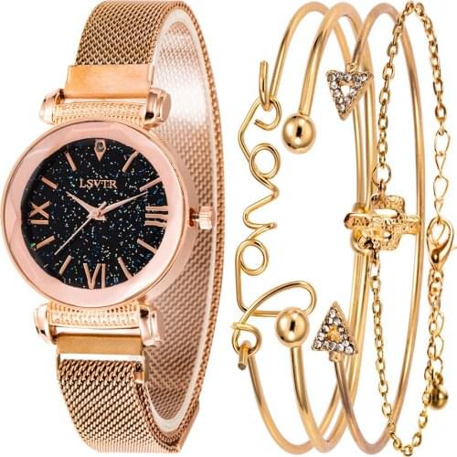 Classic Women Quartz Watch Starry Sky Watches Stainless Steel Strap Exquisite Simple With 4 -Piece Bracelet Rhinestone Dial Hour
