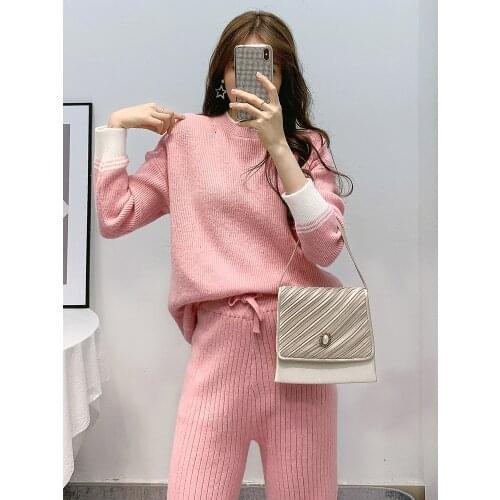 Ladies Cashmere Blend O Neck Sweater+Long Wide Leg Pants Tracksuits Female Elegant Knitted Set Womens Winter Coats 2021