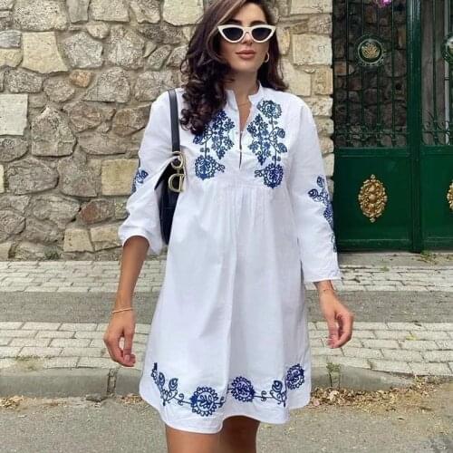 Khalee Yose Floral Emboridery Mini Dress Cotton White Boho Holiday Dresses for Women Long Lantern Sleeve Sexy Chic Ladies Dress