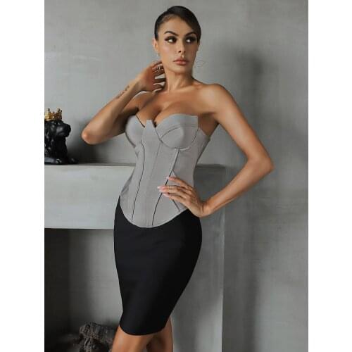2021 new high quality womens rayon gray stitching black sexy tube top bandage mini dress celebrity club party temperament dress
