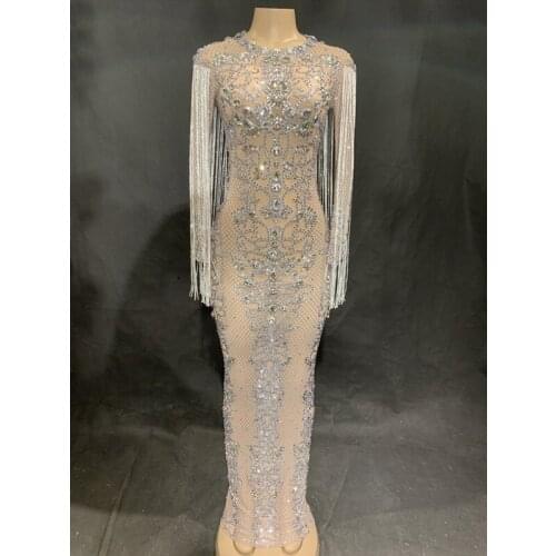Hot Sale Sexy Mesh Perspective Sparkly Crystals Long Dress Evening Party Rhinestones Birthday Celebrate Costume Fringes Dresses