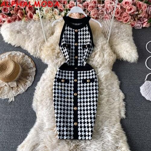 ALPHALMODA 2021 Summer Women Trendy Plaids Dress Buttons Details Sleeveless Slim Buttock Knitted Dress Women One Step Skirt