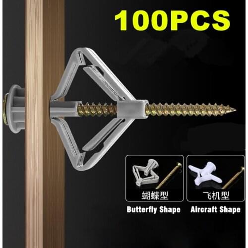 Practical 100pcs Plastic Expansion Drywall Anchor Kit with Screws Self Drilling Wall Home Pierced for Gypsum Board Fiberboard