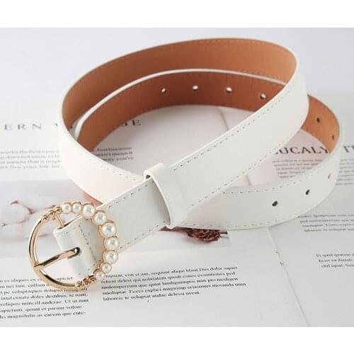 100CM Round Pearl Pin Buckle Decor Belt Ladies All-Match Belt Womens Casual Solid Imitation Leather Small Dress Jeans Black Belt