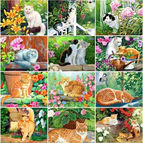 AZQSD Full Drill Diamond Painting Cat Flower Cross Stitch Diamond Embroidery Animal Mosaic Handicraft Rhinestones Home Decor