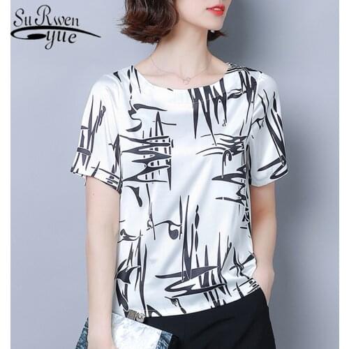 Blusas Mujer De Moda 2021 New Style Short Sleeve Elegant Printed Satin Blouse Women O-neck Loose Versatile Fashion Tops 8682 50
