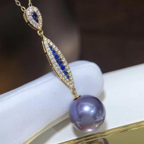 D517 Pearl Pendant Fine Jewelry Solid 18K Gold Round 12-13mm Nature Fresh Water Edison Purple Pearls Pendants Necklaces Women