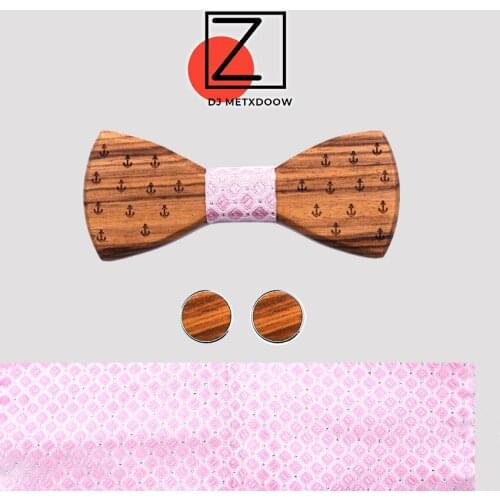 Men Bow tie Solid Fashion Bowties Pink Color Wooden Bowtie Classic Bowties Men Pocket Sqare Cufflinks Set With Black Box