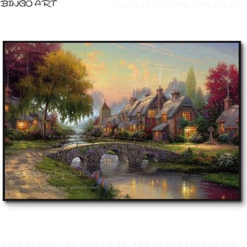Top Artist Hand-painted High Quality Canvas Wall Art Cobblestone Bridge Summer Cottage Oil Painting Gorgeous Landscape Painting