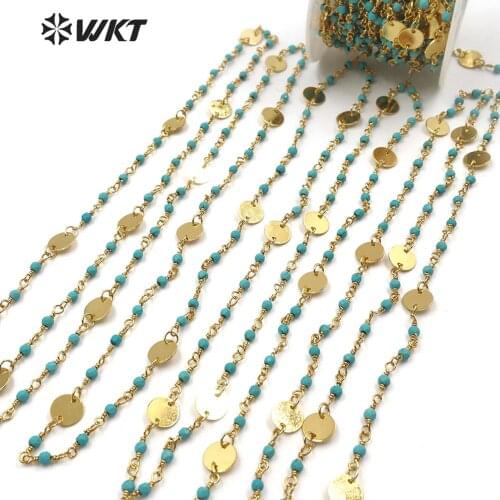 WT-RBC147 beautiful turquoi se stone beads chain with Gold Electroplated brass chain Rosary Chain 10 meters For Jewelry Making
