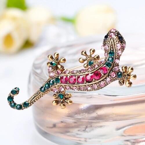 Fashion Cute Animal Gecko Brooches Alloy Crystal Lizard Womens Brooch Pins Badges Clothes Jewelry Girl Romantic wedding Gifts