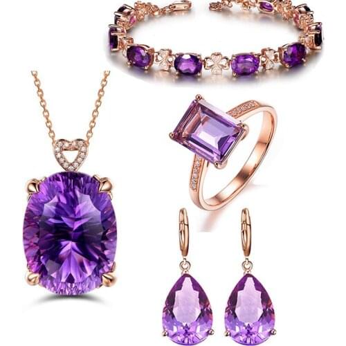 Trendy Rings Earrings Necklace Bracelet 925 Silver Jewelry Set for Women Wedding Party Gift Accessories with Amethyst Gemstones