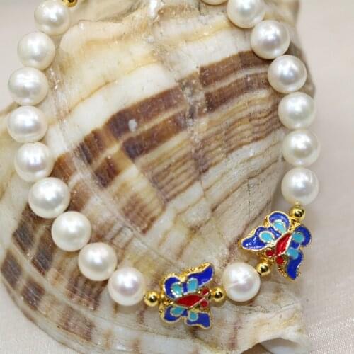 Charming women strand bracelet natural white pearl 8-9mm beads butterfly cloisonne unique design elegant jewelry 7.5inch B2977
