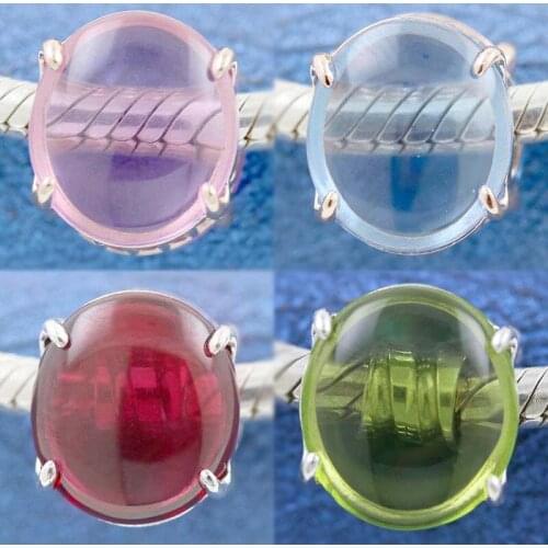 Original Rose Blue Pink Green Fuchsia Oval Cabochon With Crystal Bead Fit 925 Sterling Silver Charm Pandora Bracelet Diy Jewelry