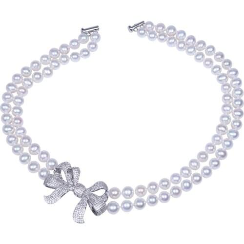 Daking Real Pearl Necklace 2 Rows Genuine Cultured Pearl Necklace With Bowknot Pendant 925 sterling silver jewelry