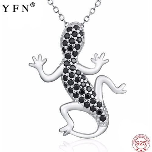 Genuine 925 Sterling Silver Necklace White & Black Cubic Zirconia Gecko Lizard Animal Pendants Necklaces Punk Jewelry Unisex