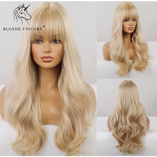 Blonde Unicorn Synthetic Light Blonde Women Long Wavy Wigs with Bangs Heat Resistant Everyday Cosplay Wigs for African American