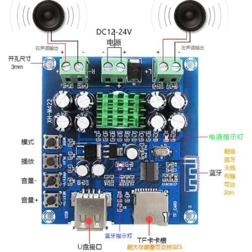 XH-M422 DC12-24V TPA3116D2 50W + 50W Bluetooth 4.0 amplifier board With Bluetooth U disk TF card player