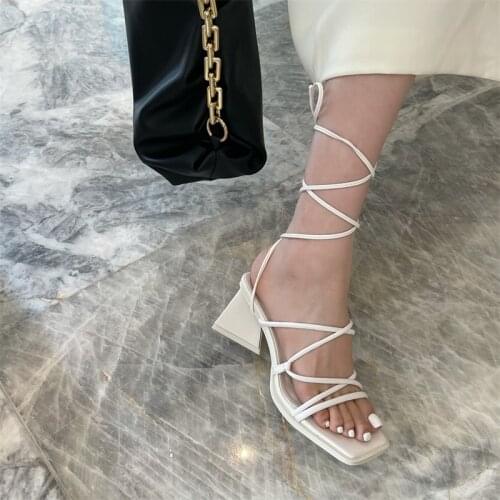 Party Shoes Gladiator Sandal Cross Strap Sandals Women Casual Shoe Female Square Toe Sandals Summer Thick Heels Med Shoe Ladies