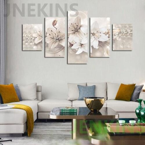 Modern Unframed Canvas Posters Modular Decorative Pictures 5 Pieces White Lily Flower Painting Print Home Decoration Wall Art