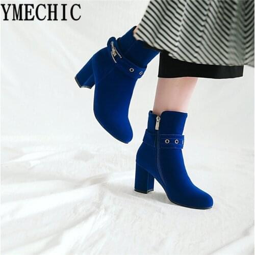 YMECHIC 2018 Red Blue Black High Heels Womens Shoes Flock Fashion Shoes 2018 Winter Ankle Boots Buckle Plus Size Bootie Female
