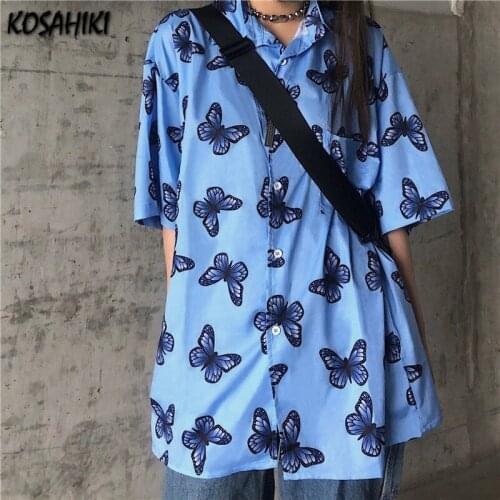 KOSAHIKI 2021 Summer Butterflies Print Loose Oversized Women Blouses Harajuku Casual Short Sleeve Tops Vintage Ins Retro Shirts