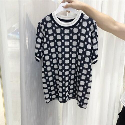 2021 Summer Women High quality floral knit T-shirt Top Hot fashion elegant Knitted Tee Tops C011